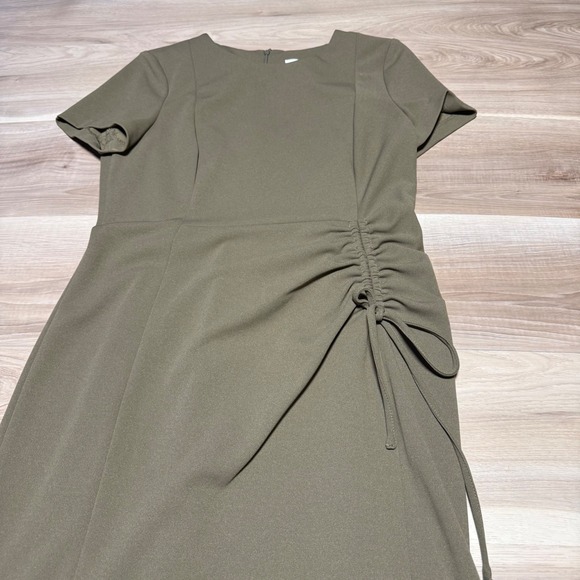 Calvin Klein Sheath Dress Women 10 Olive Green Ruched Side Drawstring Crepe Midi - Picture 3 of 12